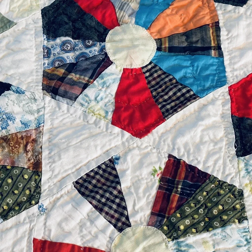 READ Handmade Patchwork Quilt 59 X 79 In Multicolor Fan Pattern Country Cotton‎